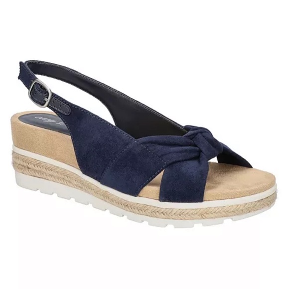 Easy Street Women’s Dot Wedge Sandals Navy Super Suede Size 10 W NEW IN BOX - Picture 1 of 9